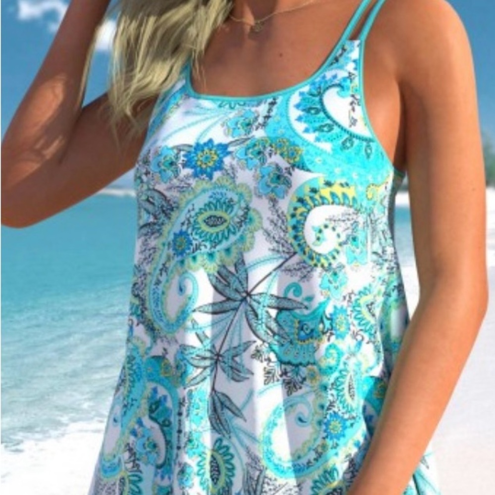 Women's Blue & Green Paisley Tankini Set